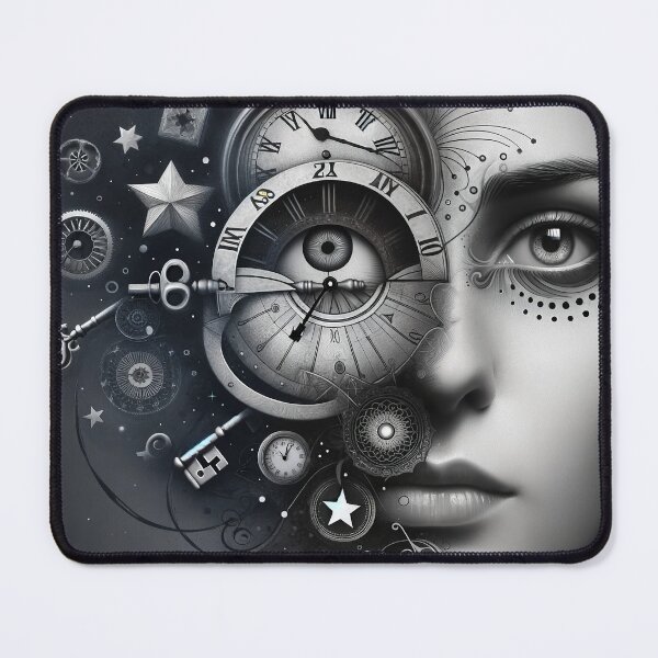 Item preview, Conceptual portrait of a woman's face combined with various symbolic elements like clocks, keys, and stars, creating a deeper meaning designed and sold by AndreaMart.