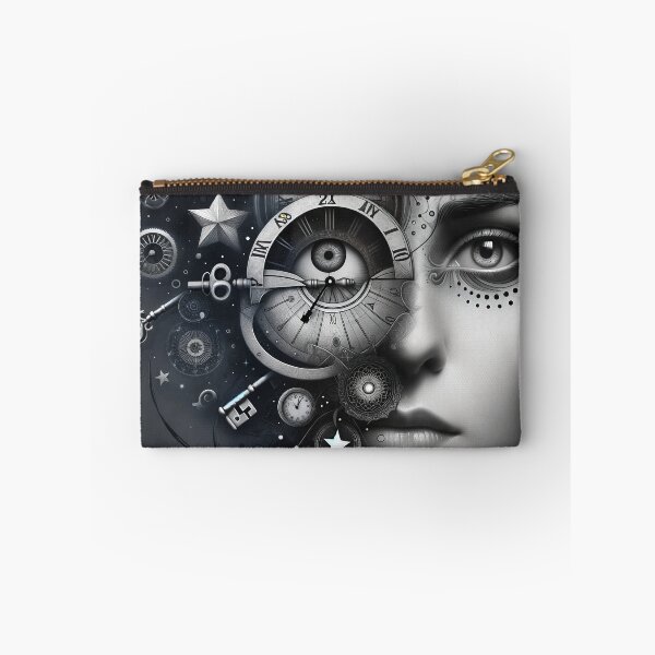 Item preview, Conceptual portrait of a woman's face combined with various symbolic elements like clocks, keys, and stars, creating a deeper meaning designed and sold by AndreaMart.
