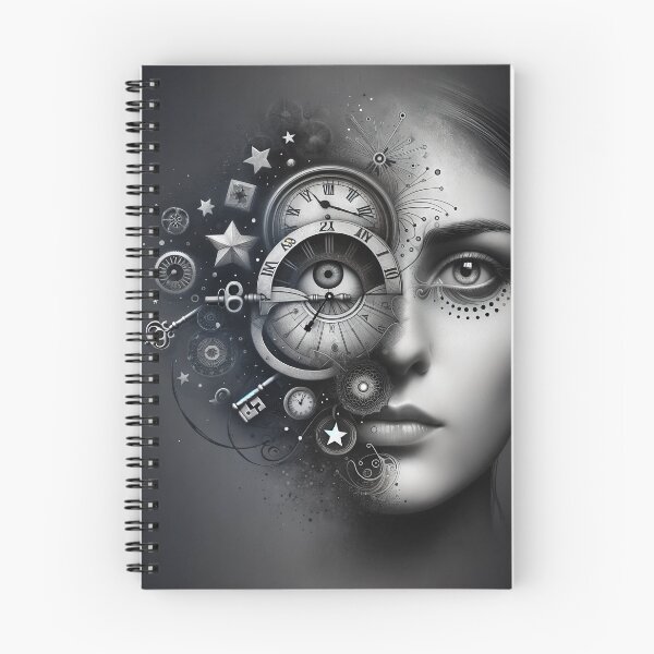 Item preview, Conceptual portrait of a woman's face combined with various symbolic elements like clocks, keys, and stars, creating a deeper meaning designed and sold by AndreaMart.