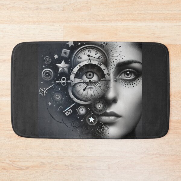 Item preview, Conceptual portrait of a woman's face combined with various symbolic elements like clocks, keys, and stars, creating a deeper meaning designed and sold by AndreaMart.