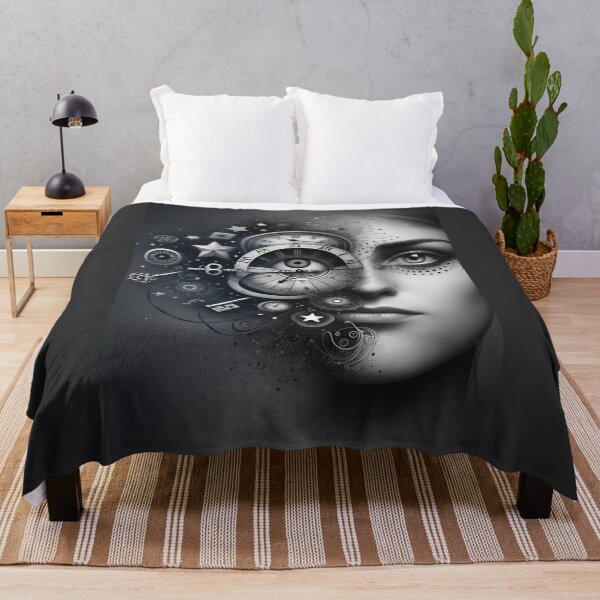Item preview, Conceptual portrait of a woman's face combined with various symbolic elements like clocks, keys, and stars, creating a deeper meaning designed and sold by AndreaMart.