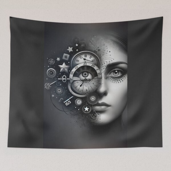 Item preview, Conceptual portrait of a woman's face combined with various symbolic elements like clocks, keys, and stars, creating a deeper meaning designed and sold by AndreaMart.
