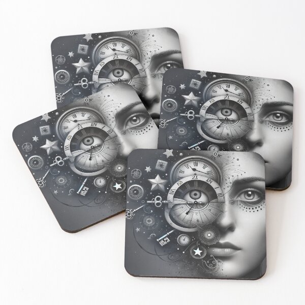 Item preview, Conceptual portrait of a woman's face combined with various symbolic elements like clocks, keys, and stars, creating a deeper meaning designed and sold by AndreaMart.