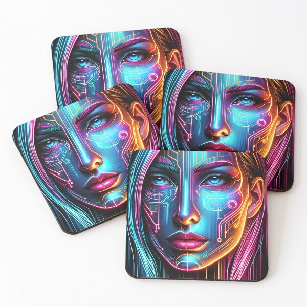 Item preview, Digitally created portrait of a woman's face with neon colors and futuristic elements designed and sold by AndreaMart.