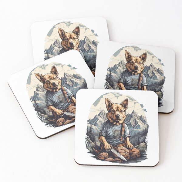 Item preview, dog sitting on a rock with a knife designed and sold by Karaz's Animal Kingdom.