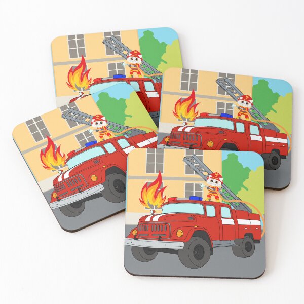 Item preview, fire truck in the city with a cat putting out a fire designed and sold by AchtungStudio.