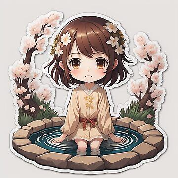 Anime chibi girl in a mini hot spring with cherry blossom sticker Sticker