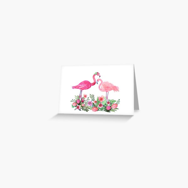 Pink Flamingo Watercolor painting with Protea, Hibiscus and Palms Greeting Card