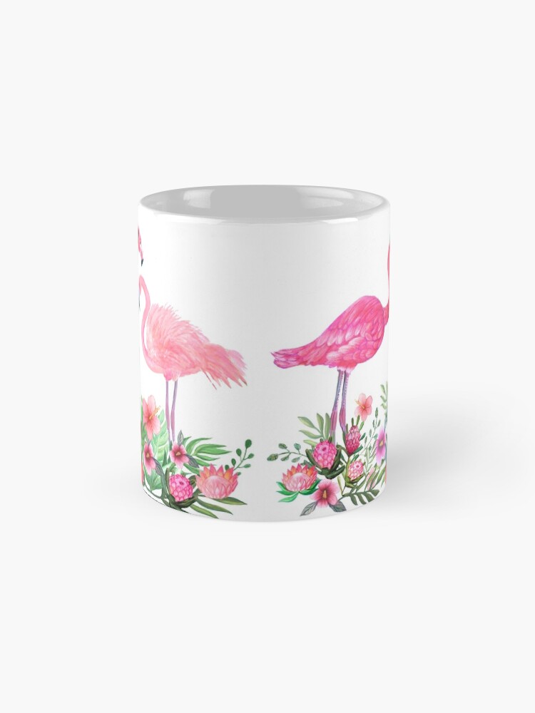 Alternate view of Pink Flamingo Watercolor painting with Protea, Hibiscus and Palms Mug