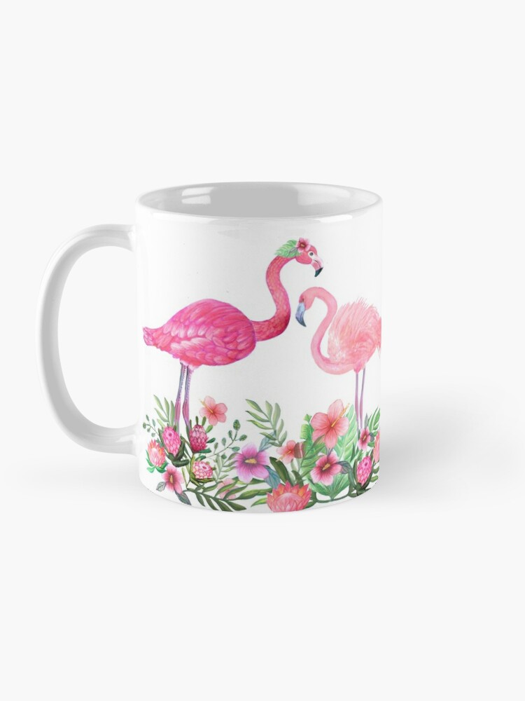Alternate view of Pink Flamingo Watercolor painting with Protea, Hibiscus and Palms Mug