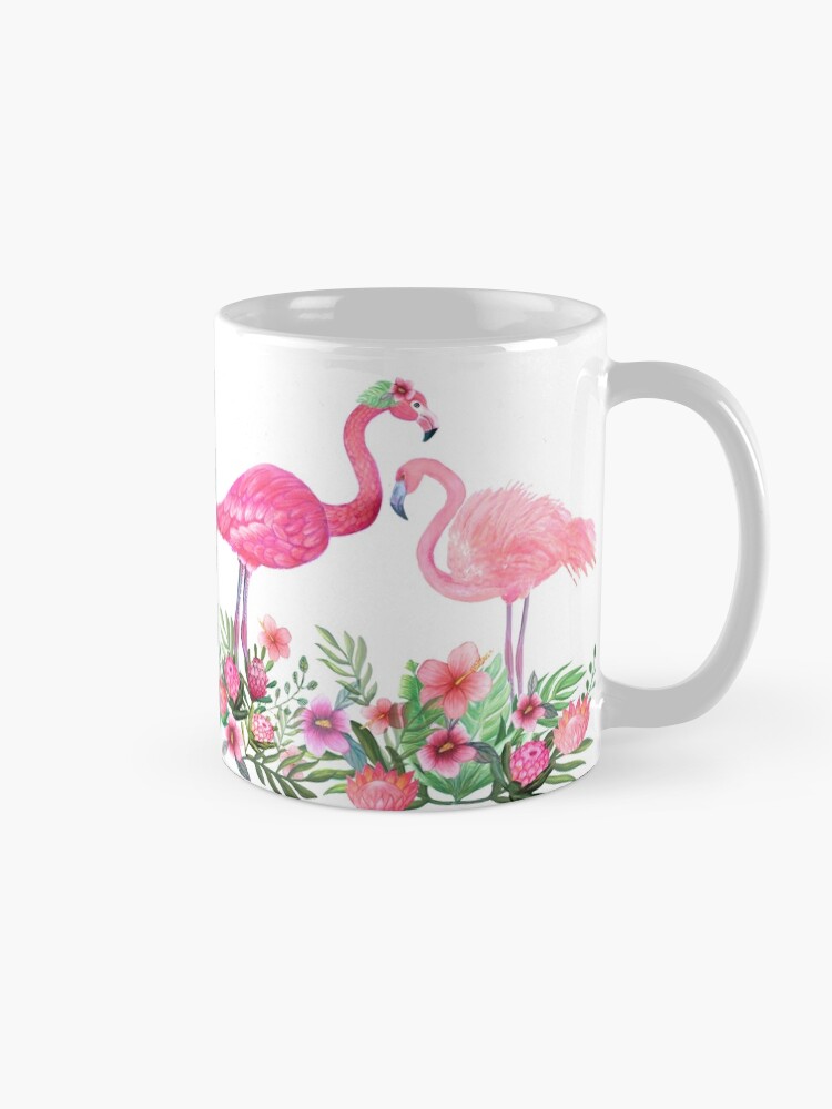 Alternate view of Pink Flamingo Watercolor painting with Protea, Hibiscus and Palms Mug