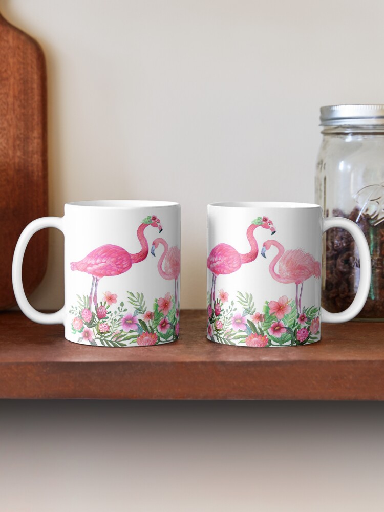 Alternate view of Pink Flamingo Watercolor painting with Protea, Hibiscus and Palms Mug
