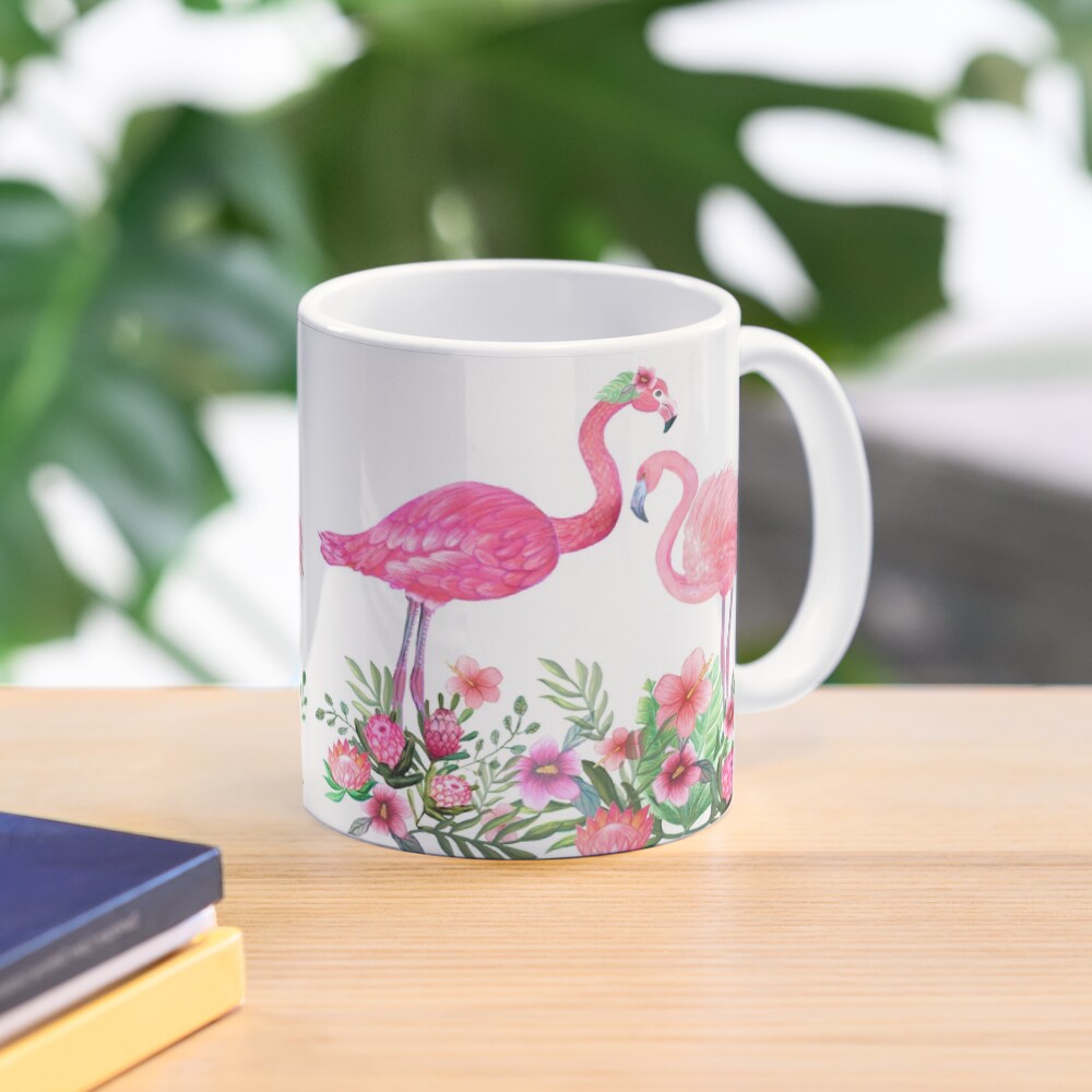 Pink Flamingo Watercolor painting with Protea, Hibiscus and Palms Mug