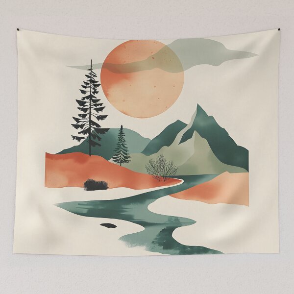 Item preview, Peaceful retro scenery - mountains river & sunset designed and sold by Wildflow Creations.