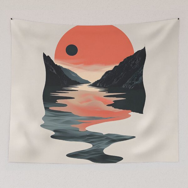 Item preview,  Retro sunset scenery - mountains, river, clouds & big sun designed and sold by Wildflow Creations.