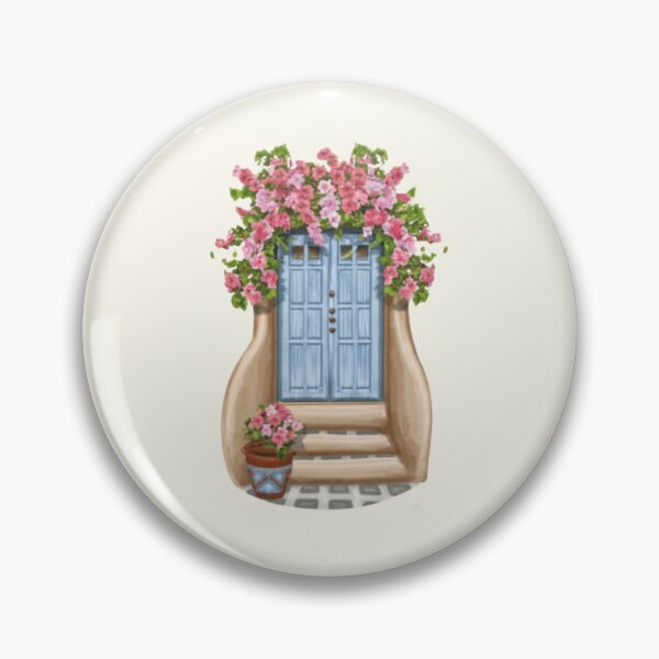 Item preview, Greek blue door pink flowers designed and sold by BlueGoldArt.