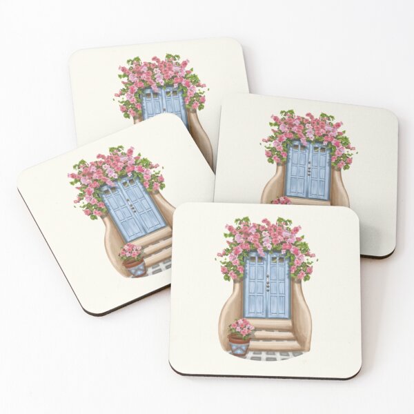 Item preview, Greek blue door pink flowers designed and sold by BlueGoldArt.