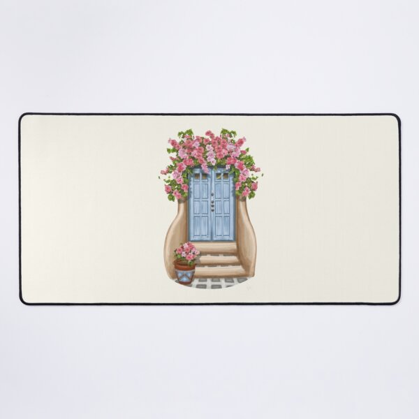 Item preview, Greek blue door pink flowers designed and sold by BlueGoldArt.