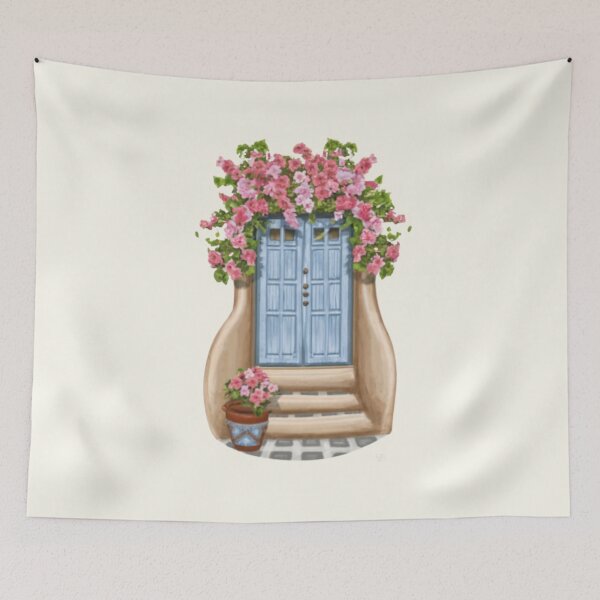 Item preview, Greek blue door pink flowers designed and sold by BlueGoldArt.