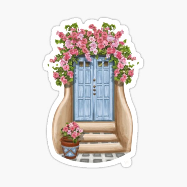 Item preview, Greek blue door pink flowers designed and sold by BlueGoldArt.