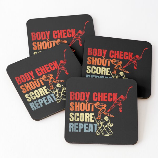 Artikelvorschau, Body Check Shoot Score Wiederholung Eishockey Zitat Motivation Retro Vintage entworfen und verkauft von YerrouDesing.