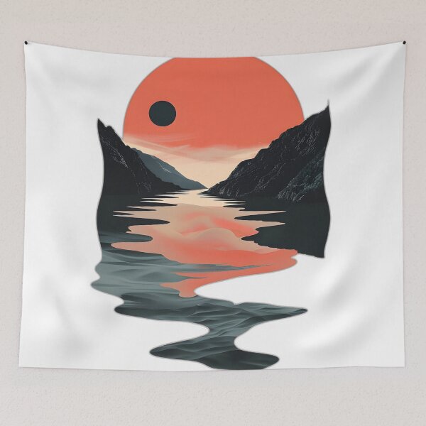 Item preview, Retro sunset scenery - mountains, river, clouds & big sun designed and sold by Wildflow Creations.