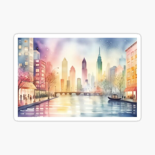 Watercolor Whispers: A Dreamy Cityscape Sticker