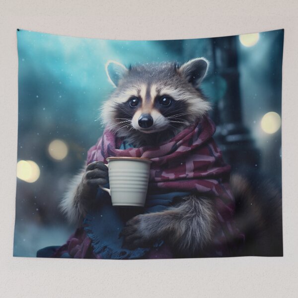 Item preview, Fluffy raccoon with scarf and coffee cup designed and sold by smartart42.