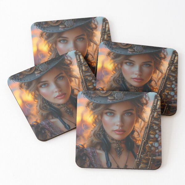 Item preview, Steampunk woman at sunset with saxophone.Hyperrealism designed and sold by IrinaMinevich.