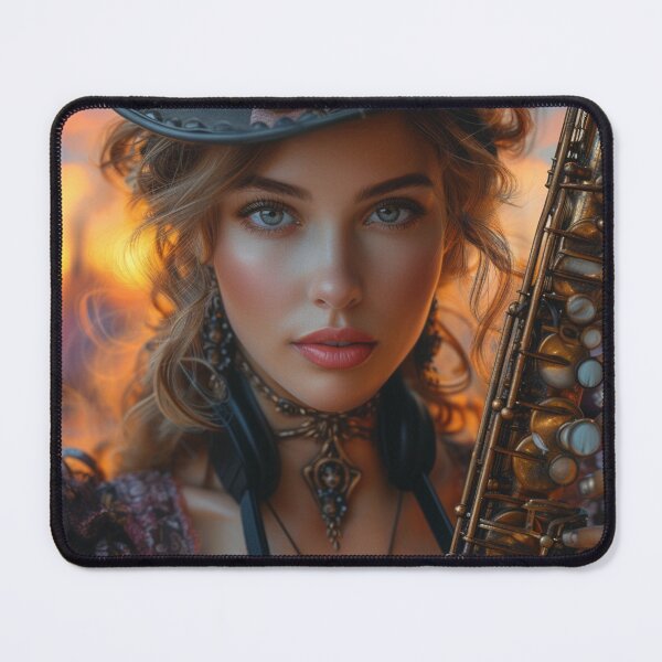 Item preview, Steampunk woman at sunset with saxophone.Hyperrealism designed and sold by IrinaMinevich.
