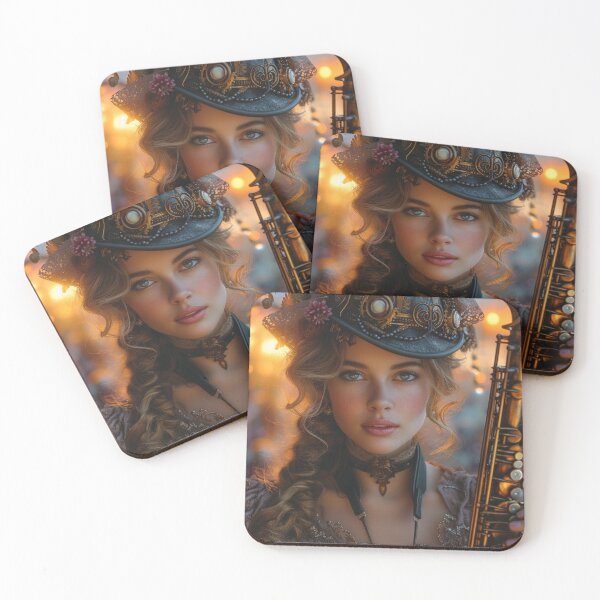 Item preview, Steampunk woman at sunset with saxophone.Hyperrealism designed and sold by IrinaMinevich.
