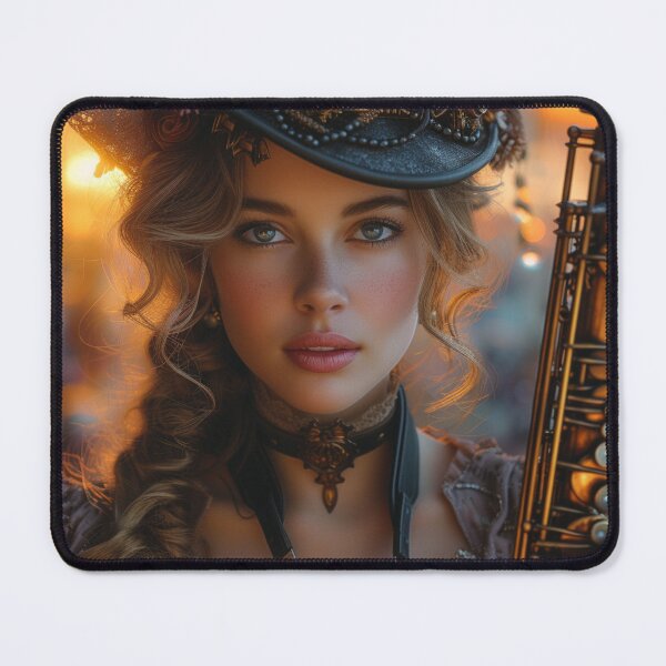 Item preview, Steampunk woman at sunset with saxophone.Hyperrealism designed and sold by IrinaMinevich.
