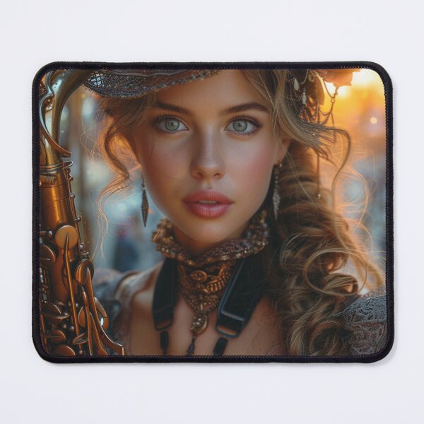 Item preview,  Steampunk woman at sunset with saxophone.Hyperrealism designed and sold by IrinaMinevich.
