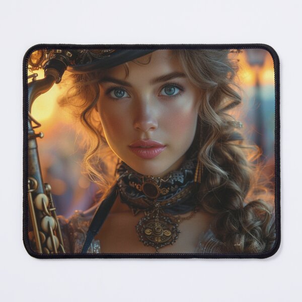 Item preview,  Steampunk woman at sunset with saxophone.Hyperrealism designed and sold by IrinaMinevich.