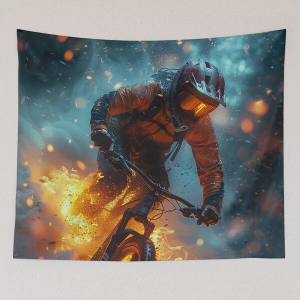 Item preview, Portrait of a cyclist in a burning setting designed and sold by Fantasyplus.