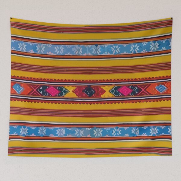 Item preview, Mexican serape fabric bright yellow maximalist decor embroidery poncho designed and sold by T-Mex.