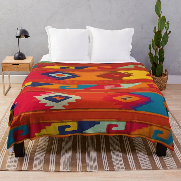 Item preview, Mexican vibrant embroidered fabric multicolor ethnic symbols orange maximalist decor designed and sold by T-Mex.