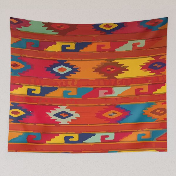 Item preview, Mexican vibrant embroidered fabric multicolor ethnic symbols orange maximalist decor designed and sold by T-Mex.