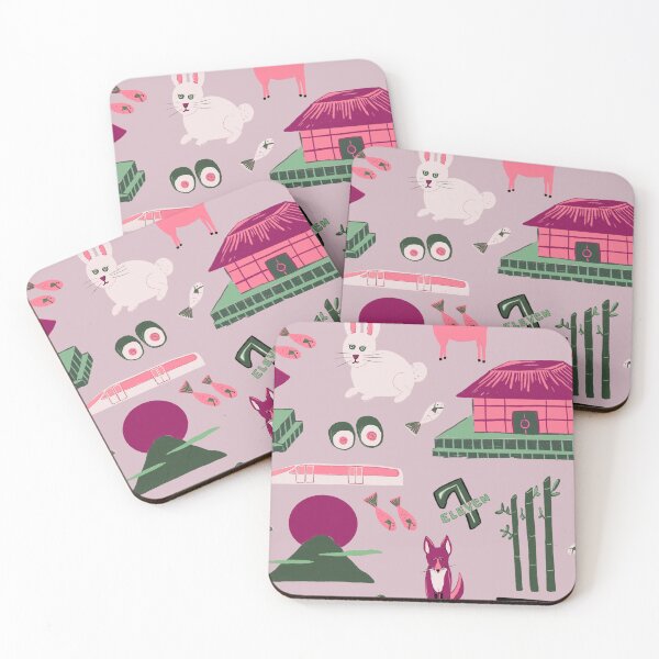 Item preview, Traveling through Japan, rabbits, torii gates, sushi, fish, deer, temples, octopus, 7-11 shops, lucky cats, bullet train in pinks and greens on lilac designed and sold by katerosestudios.