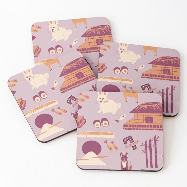 Item preview, Traveling through Japan, rabbits, torii gates, sushi, fish, deer, temples, octopus, 7-11 shops, lucky cats, bullet train in reds and orange on lilac designed and sold by katerosestudios.
