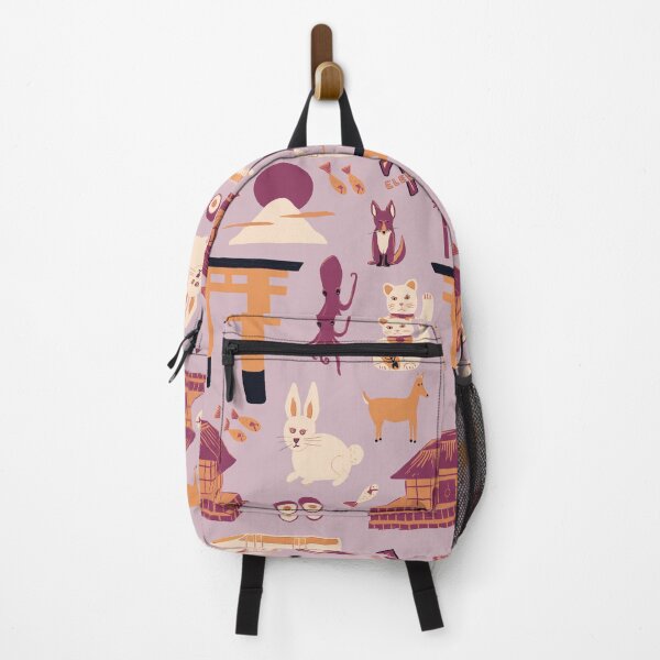 Item preview, Traveling through Japan, rabbits, torii gates, sushi, fish, deer, temples, octopus, 7-11 shops, lucky cats, bullet train in reds and orange on lilac designed and sold by katerosestudios.