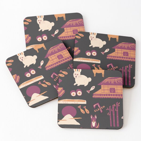 Item preview, Traveling through Japan, rabbits, torii gates, sushi, fish, deer, temples, octopus, 7-11 shops, lucky cats, bullet train in reds and orange on charcoal  designed and sold by katerosestudios.