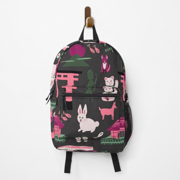 Item preview, Traveling through Japan, rabbits, torii gates, sushi, fish, deer, temples, octopus, 7-11 shops, lucky cats, bullet train in pinks and greens on charcoal designed and sold by katerosestudios.