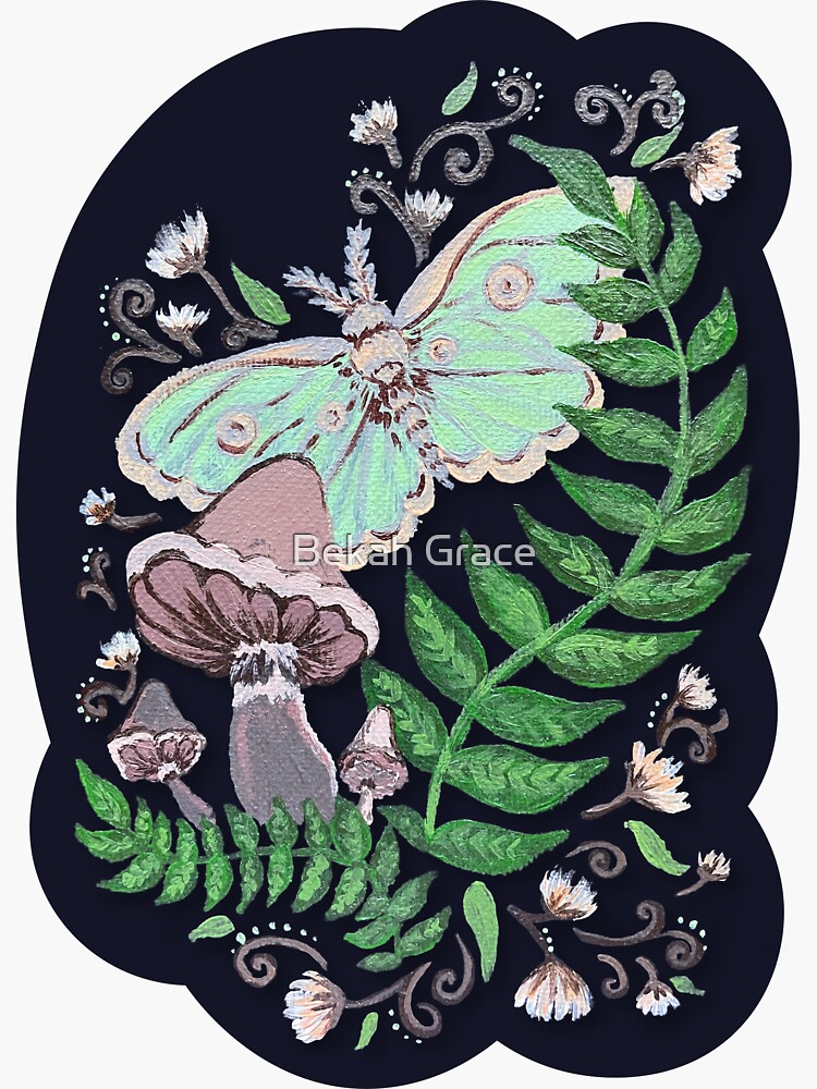 Thumbnail 3 of 3, Sticker, Evening Garden Scene with Luna Moth and Mushrooms designed and sold by Bekah-Grace.