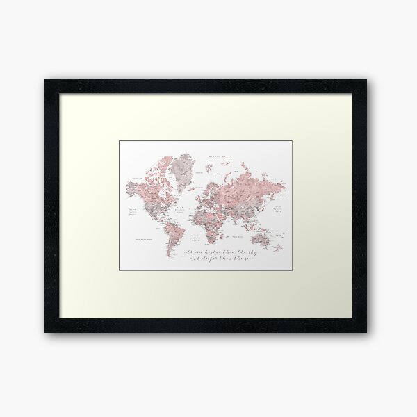 Item preview, Inspirational watercolor world map with cities in dusty pink and grey designed and sold by blursbyai.