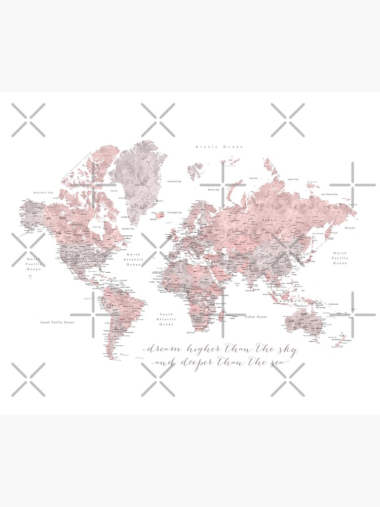 Disover Inspirational watercolor world map with cities in dusty pink and grey Tapestry