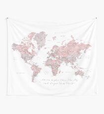 Inspirational watercolor world map with cities in dusty pink and grey Wall Tapestry