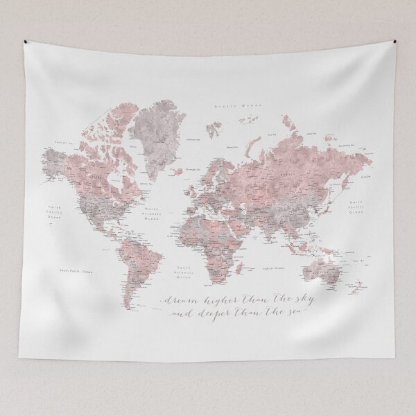 Item preview, Inspirational watercolor world map with cities in dusty pink and grey designed and sold by blursbyai.