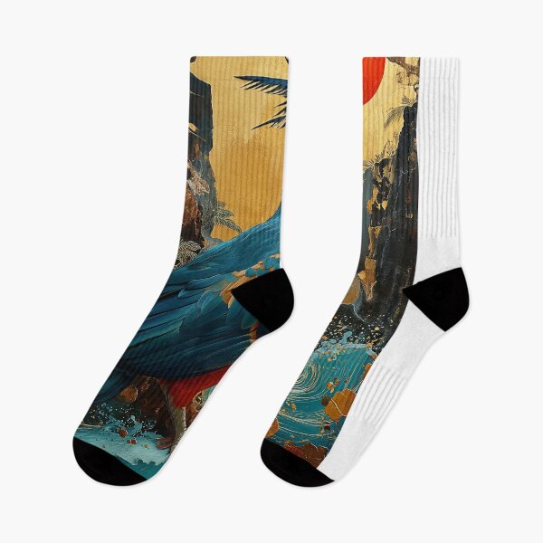 Item preview, Turaco standing in turquoise water with a red sun designed and sold by Rockwpapart.