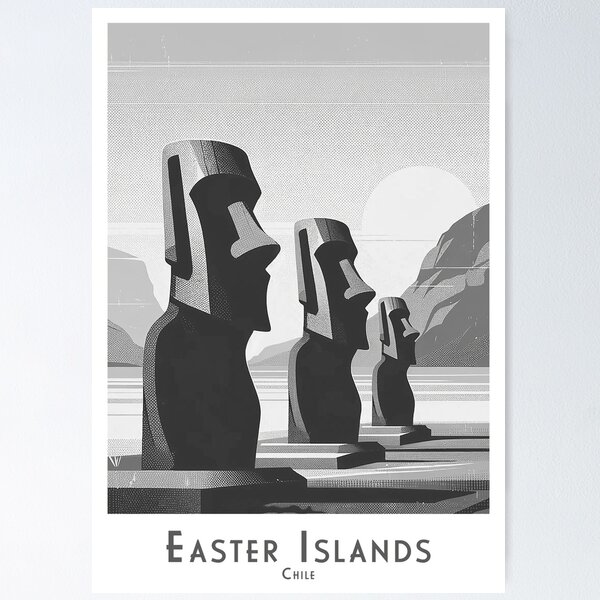 Item preview, Retro Travel Poster - Vintage Easter Island Moai, Minimalist Art - Black and White designed and sold by pod24.